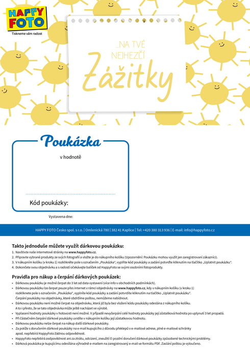Dárková poukázka se sluníčky a nápisem Na Tvé nejhezčí zážitky