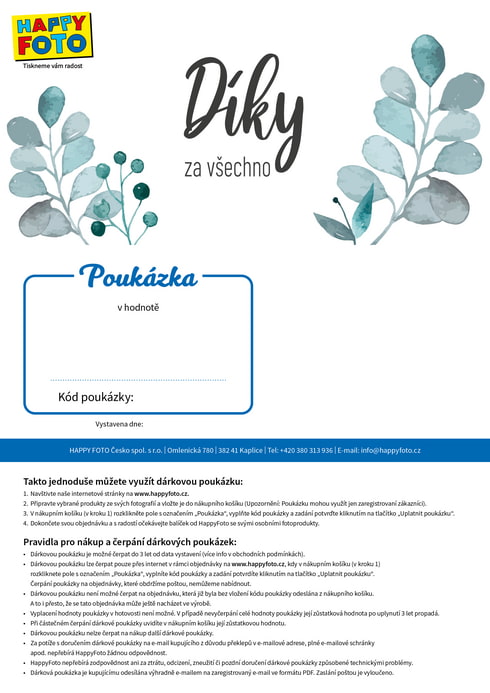 Dárková poukázka s motivem modrozelených listů a nápisem Díky za všechno