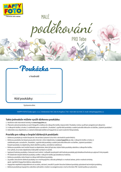 Dárková poukázka s květinami a nápisem Malé poděkování pro Tebe