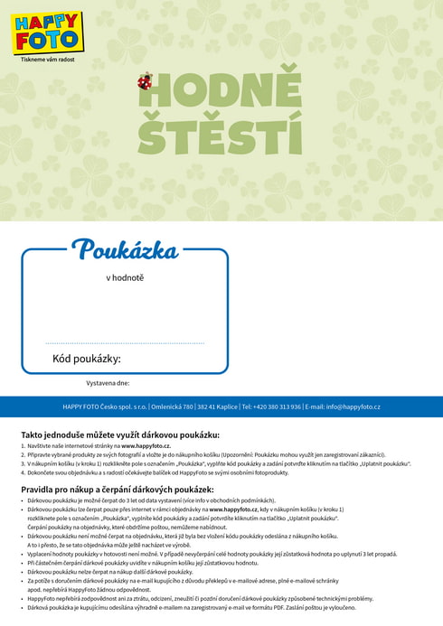 Dárková poukázka se čtyřlístky, beruškou a nápisem Hodně štěstí