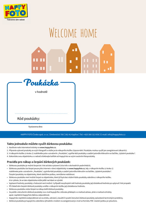 Dárková poukázka s ilustracemi domečků a nápisem Welcome Home