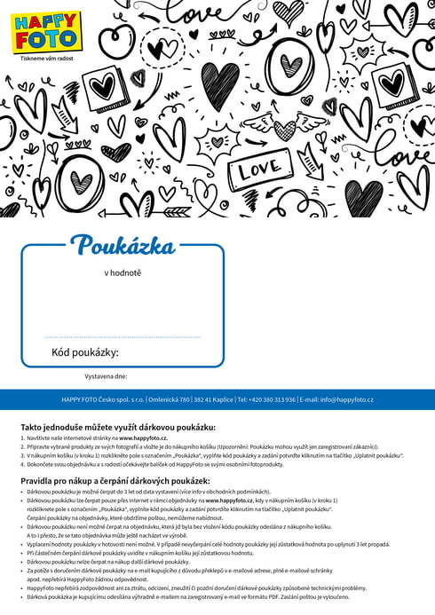 Dárková poukázka s černobílými kresbami srdíček a motivy lásky