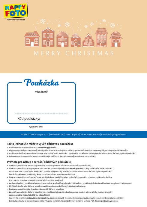Dárková poukázka se zimními domečky a nápisem Merry Christmas