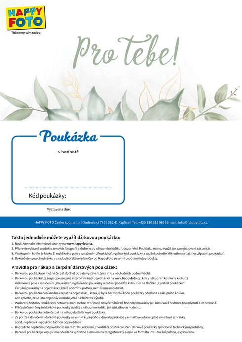 Dárková poukázka s nápisem Pro Tebe a motivem zelených listů
