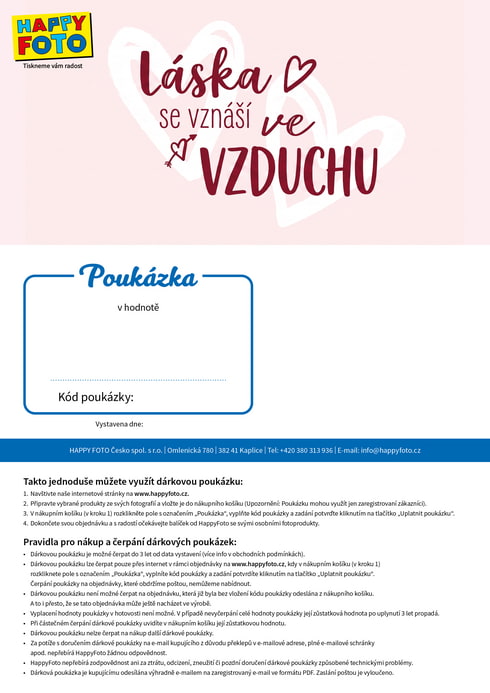 Dárková poukázka se srdíčky a nápisem Láska se vznáší ve vzduchu