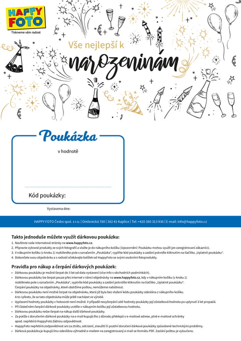 Dárková poukázka s narozeninovými motivy a nápisem Vše nejlepší k narozeninám