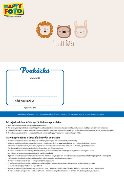 Dárková poukázka s ilustracemi lva, medvídka a zajíčka a nápisem Little Baby