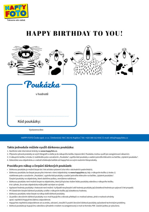Dárková poukázka se čtyřmi zpívajícími zvířátky a nápisem Happy Birthday to You